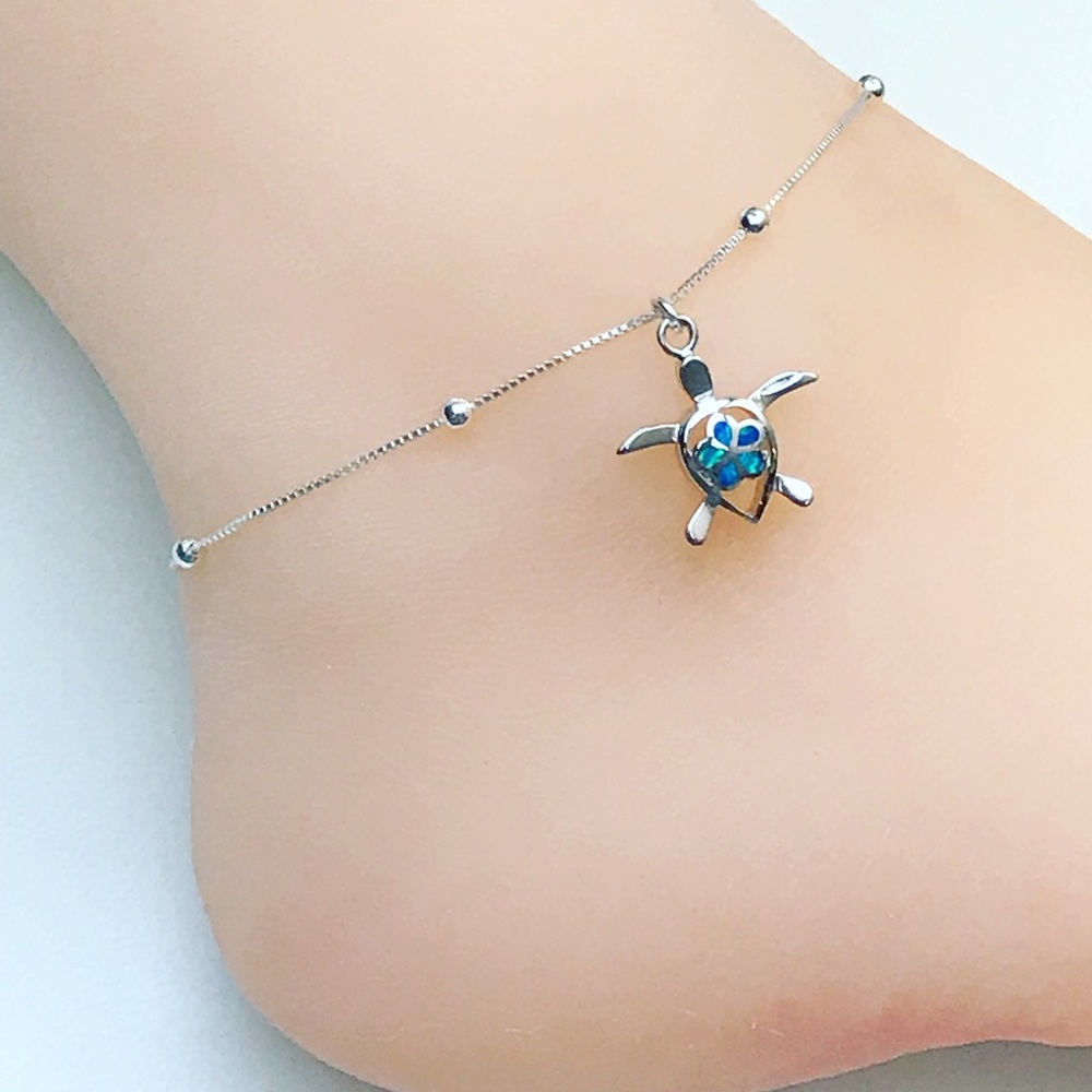 Sterling Silver Opal Plumeria Turtle Anklet